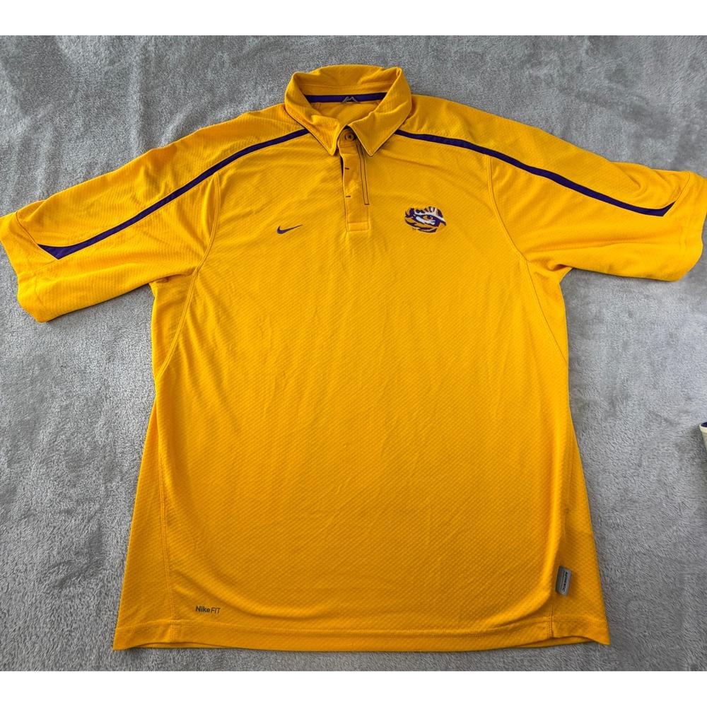 Nike Polo Shirt Mens XL Yellow LSU Tigers NCAA Short Sleeve NikeFIT